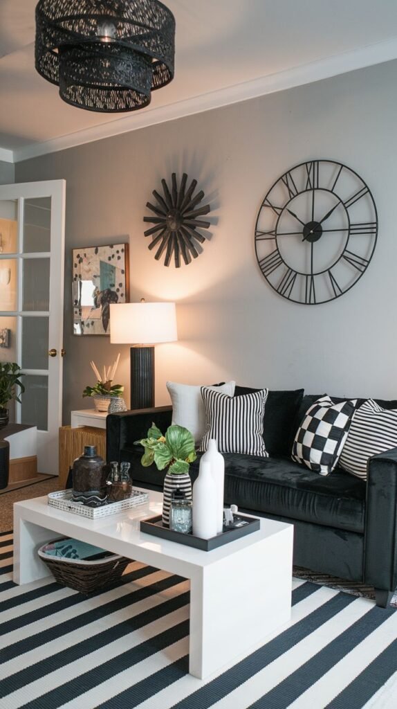 A dynamic Black and White living room is anchored by a black velvet sofa adorned with Black and White striped and checkerboard pillows. A large horizontally striped rug covers the floor, complementing the black metal wall decor, including a prominent clock, on light grey walls.