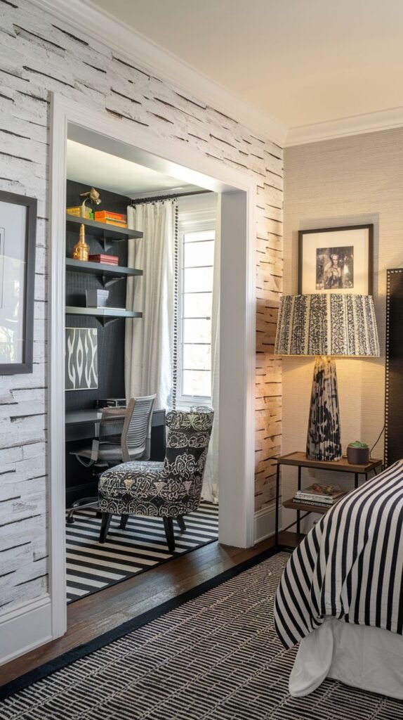 A dynamic Black and White bedroom leads into a cozy office nook with a textured white and black wall treatment. The bed features Black and White striped bedding, complementing a patterned chair and a striking black and white striped rug in the office area.
