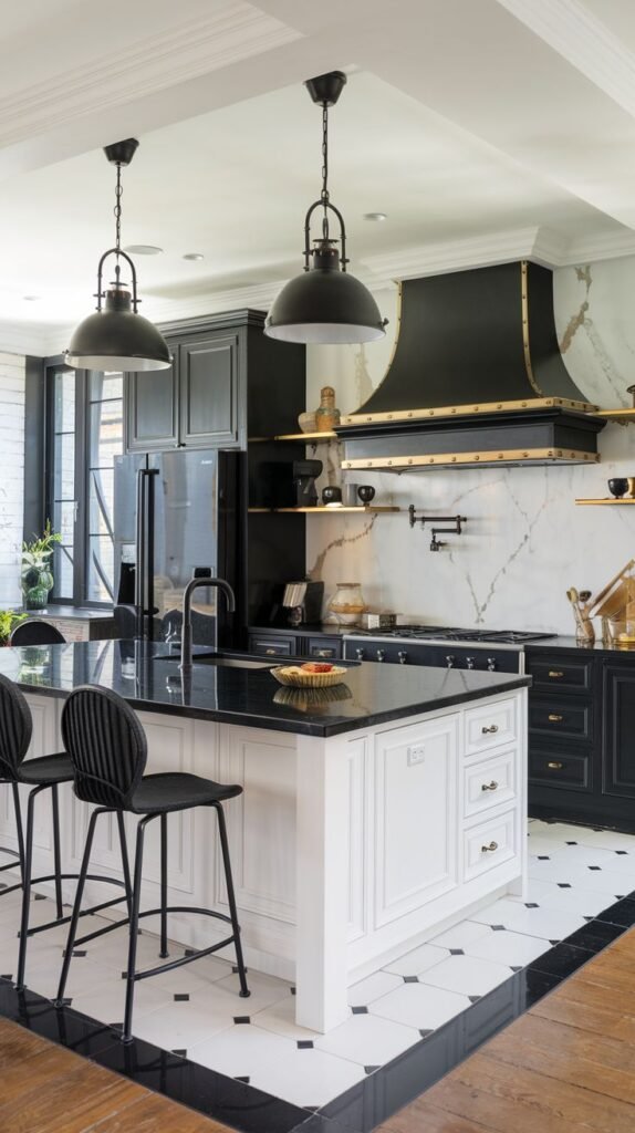 A dynamic Black and White kitchen features sleek dark cabinets and a large white island with a black countertop. The floor is a Black and White checkerboard pattern, contrasting with the dark pendant lights hanging above the island and the bold black range hood.