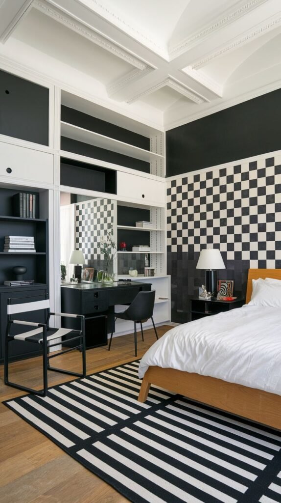 A dynamic Black and White bedroom incorporates a striking checkerboard pattern on one wall and a horizontally striped rug on a wooden floor. The room features a light wooden bed frame and white built-in shelving with black accents, creating a modern and graphic look.