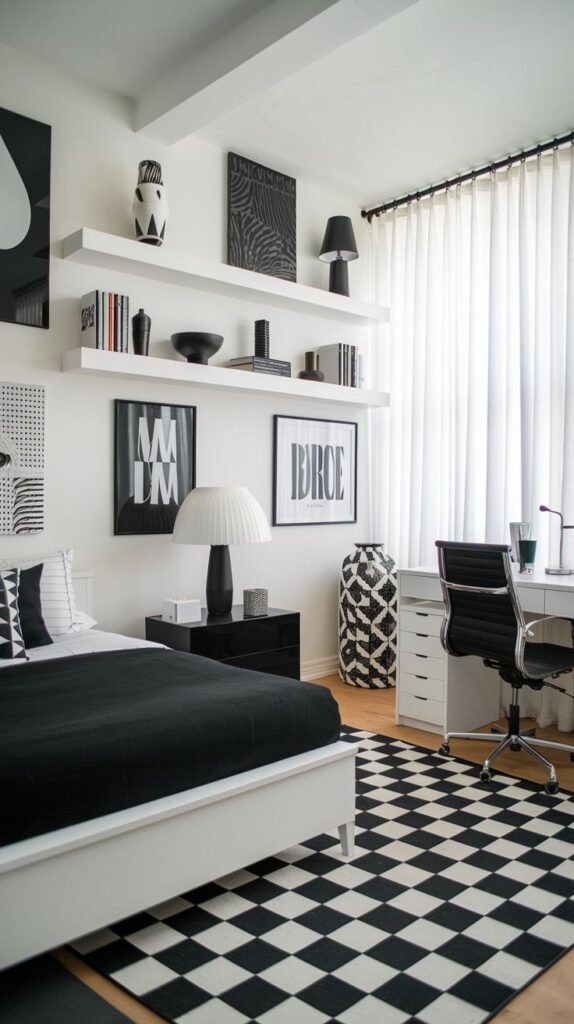 A dynamic Black and White bedroom is decorated with a large checkerboard rug covering much of the wooden floor. White floating shelves display various Black and White decorative items and artwork, creating a clean yet visually engaging space with a desk by a large window.