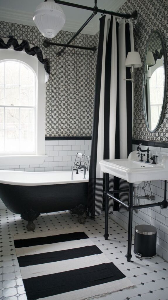 A dynamic Black and White bathroom presents a patterned wallpaper above white subway tiles and a Black and White striped shower curtain. A black clawfoot tub stands on a white tiled floor with small black diamond accents, complemented by a striped bath rug.