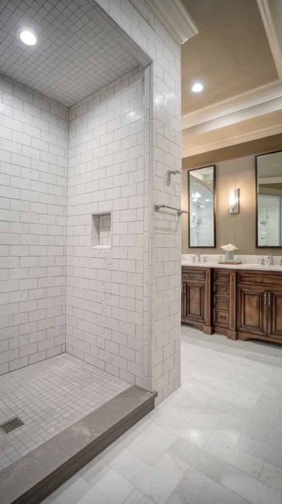 A white subway-tiled walk-in shower with a built-in niche and a grey tiled floor, leading to a bathroom with dark wood vanities and two mirrors.