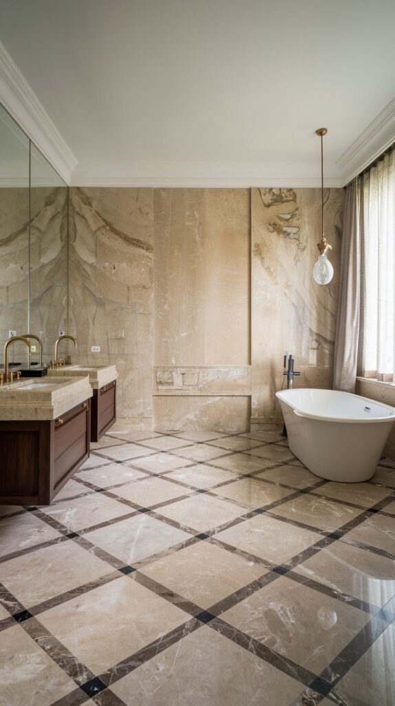 A spacious bathroom with large, light brown marble wall tiles, a freestanding white bathtub, dark wood double vanities with marble countertops, and a striking patterned marble floor with dark accents.