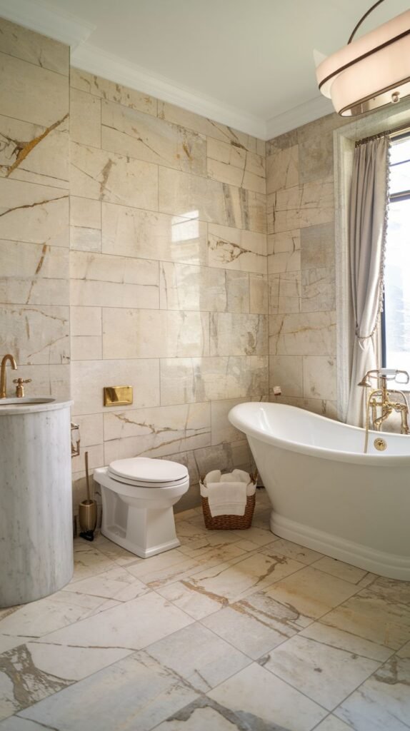A bright bathroom with light-colored marble walls and a matching floor, featuring a white freestanding bathtub with gold fixtures, a white toilet, and a unique cylindrical marble pedestal sink.