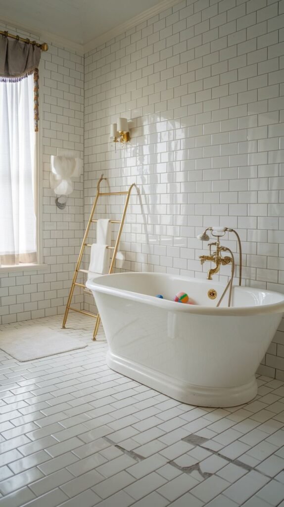 A white subway-tiled bathroom with a white freestanding bathtub, brass fixtures, and a brass towel ladder, with a large window and white floor tiles.