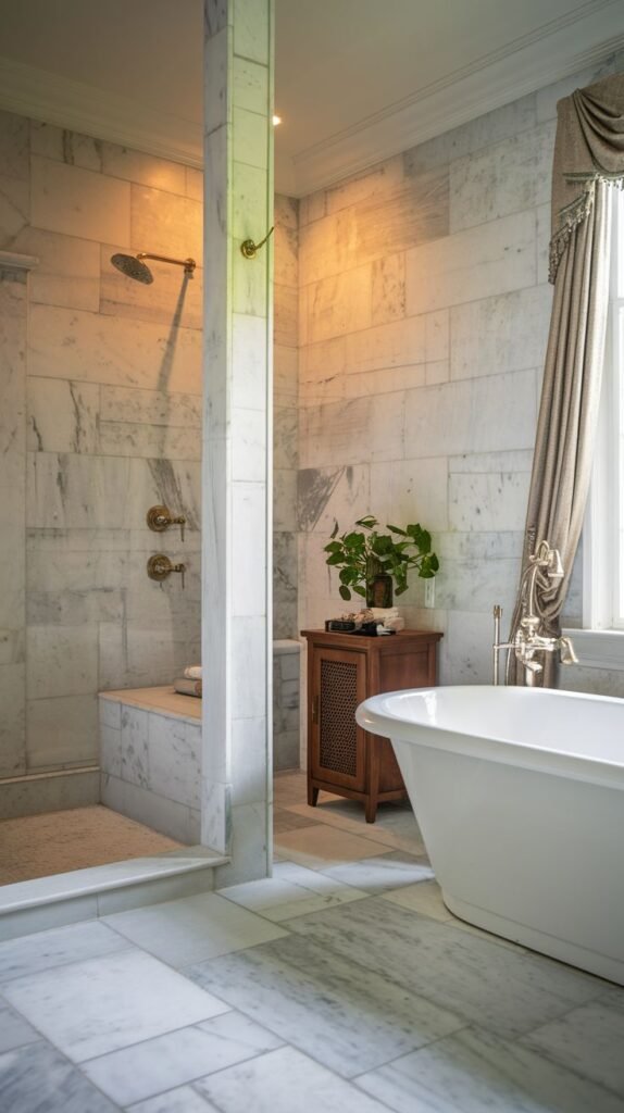 A white marble bathroom featuring a walk-in shower with a bench, a white freestanding bathtub, and a small wooden cabinet, all set against elegant marble walls and floors.