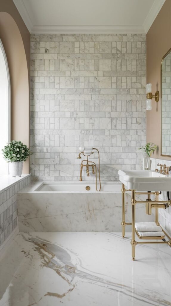 A bright bathroom with a built-in bathtub and brass fixtures, white rectangular wall tiles, and a polished marble floor with distinct grey and gold veining.