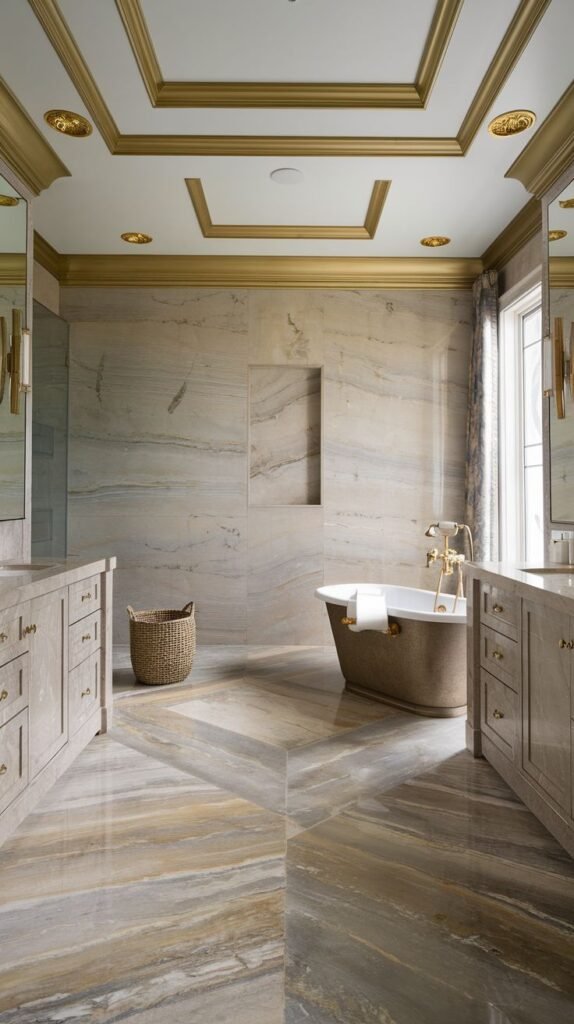 A grand bathroom with light-colored stone walls and a matching geometric patterned floor, featuring a copper-colored freestanding tub, two light wood vanities, and a ceiling with gold decorative molding.