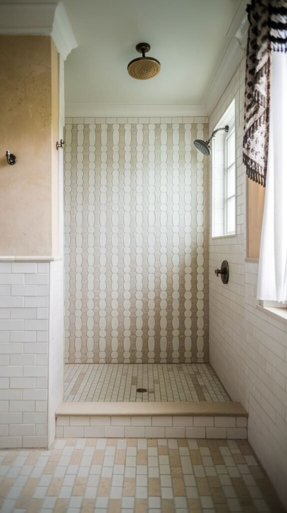 A walk-in shower with unique vertical oval-patterned tiles on the back wall and white subway tiles on the side walls, and a light-colored mosaic tiled floor in the shower.