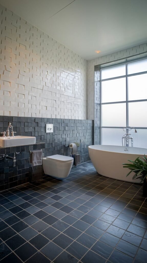 A modern bathroom with textured white tiles on the upper walls and dark square tiles on the lower walls and floor, featuring a white freestanding bathtub, a floating sink, and a toilet, with a large frosted window.