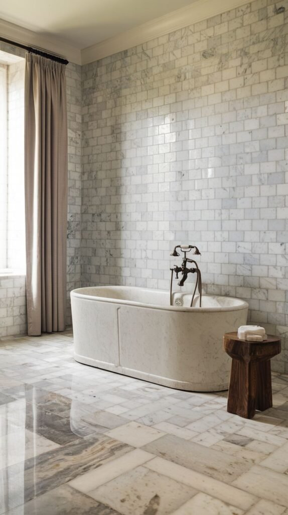 A bathroom with white rectangular marble wall tiles, a light-colored freestanding bathtub, and a multi-toned patterned marble floor, with a tall window on the left.