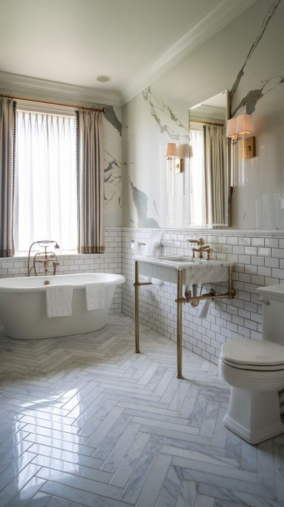A white and gold themed bathroom featuring white subway tiled walls, a large mirror reflecting a marbled wall, a white bathtub, a pedestal sink with gold legs, and a glossy white herringbone tiled floor.