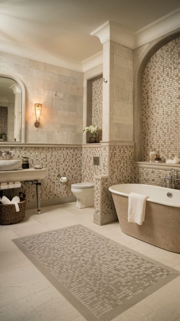 A classic bathroom featuring light-colored stone and mosaic tiles, a freestanding tub, a pedestal sink, and a toilet.