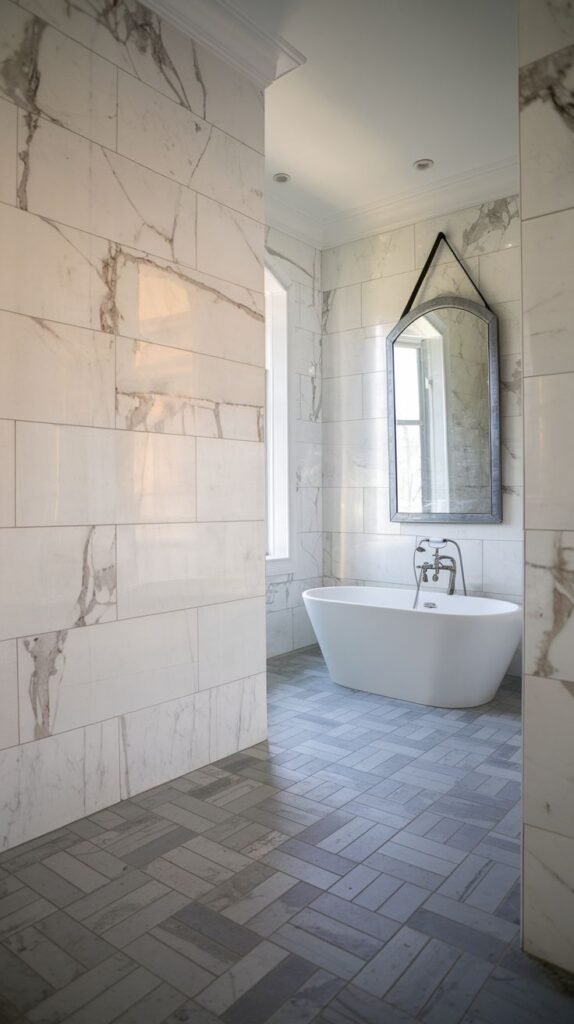 A spacious bathroom with white and grey marble walls and a dark grey herringbone tiled floor, featuring a white freestanding bathtub and a large mirror.