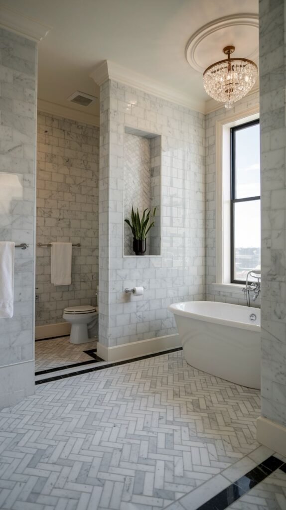 A luxurious white marble bathroom with a walk-in shower, a toilet, a freestanding white bathtub, and a herringbone tiled floor with dark borders, illuminated by a chandelier.