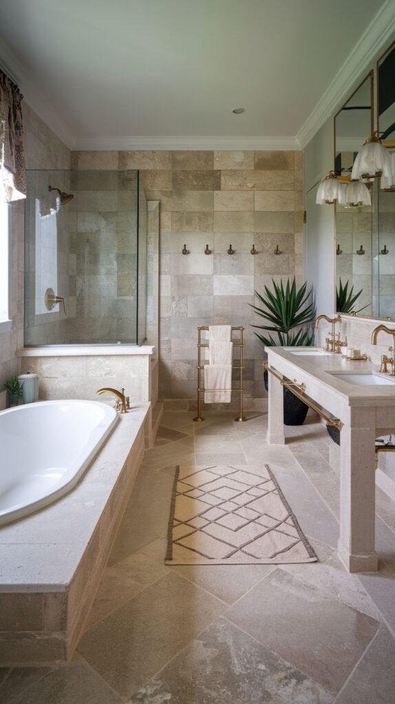 A beige-toned bathroom with large stone tiles on the walls and floor, featuring a built-in bathtub with a glass shower panel, a double vanity with two sinks, and gold fixtures.