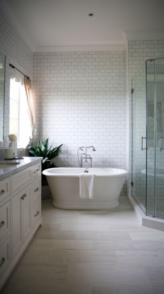 A bright bathroom with white subway-tiled walls, a white vanity with a marble top, a white freestanding bathtub, and a glass-enclosed shower, all on a light grey tiled floor.