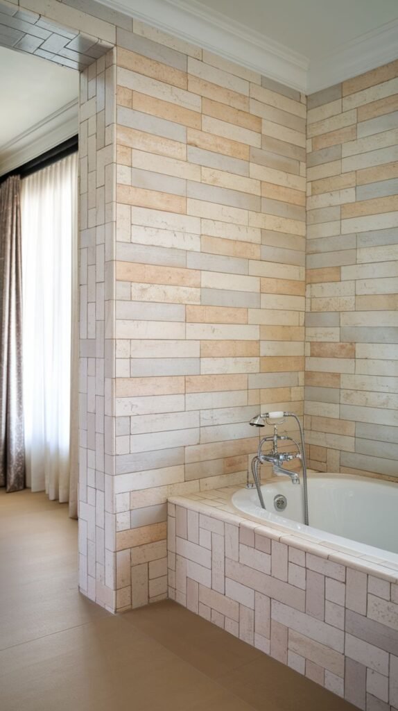 A bathroom featuring horizontal rectangular tiles in varying light shades of beige and pink on the walls, and a built-in bathtub with the same patterned tiles on its exterior.