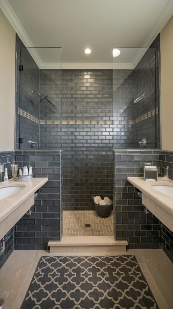 A double-sink vanity area with dark grey brick-patterned tiles on the walls, a shared walk-in shower with glass partitions, and a patterned rug on the light-colored floor.