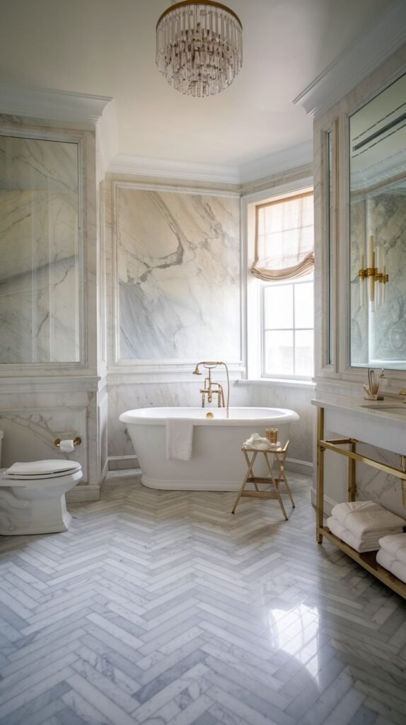 An elegant bathroom with white and grey marble walls, a white freestanding bathtub with brass fixtures, a toilet, a gold shelving unit, and a glossy white herringbone tiled floor, with a chandelier overhead.