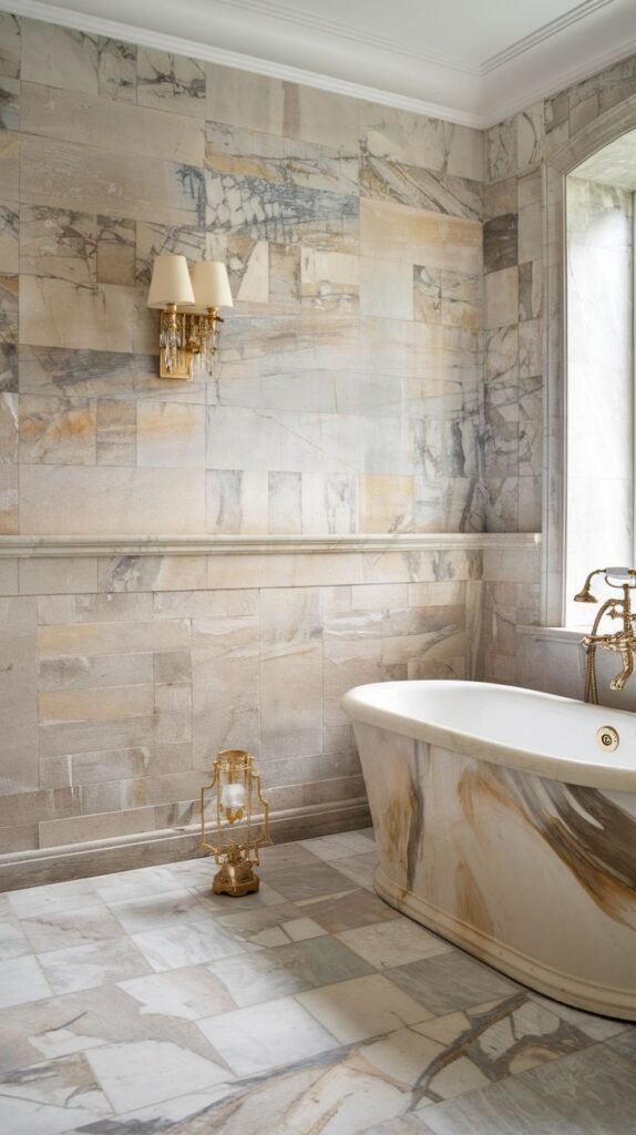 A bathroom with large, light-colored marble wall tiles with natural veining, a freestanding bathtub with marble accents, and a complementary patterned floor.