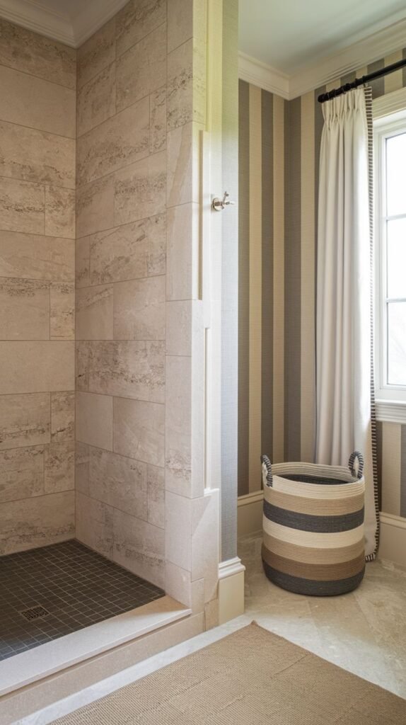 A light-colored tiled walk-in shower with a dark grey mosaic tiled floor, adjacent to a bathroom area with striped wallpaper and a large woven laundry basket.