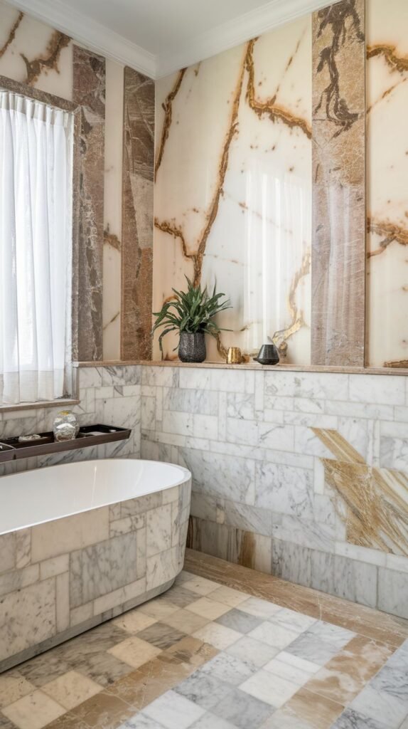 A luxurious bathroom with a white freestanding bathtub and walls featuring large slabs of marble with prominent brown and white veining, and a complementary patterned marble floor.