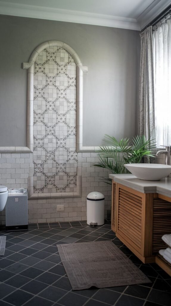 A bathroom with grey walls and dark square tiled floors, featuring a decorative arched mosaic tile pattern on one wall, a vessel sink on a wooden vanity, and a toilet.