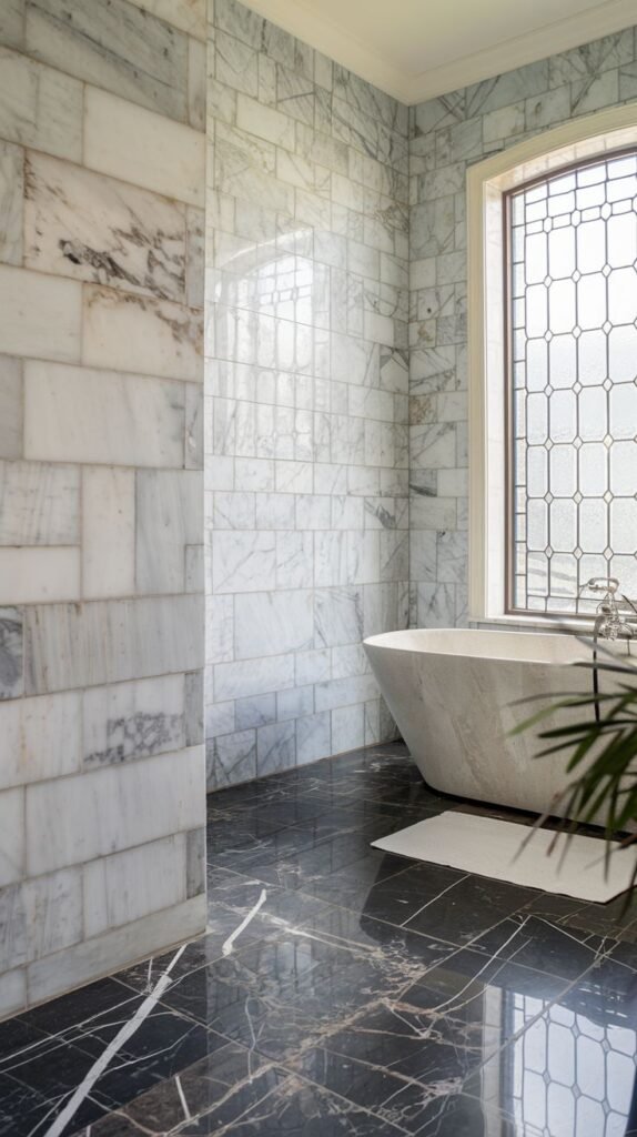 A bathroom with light-colored marble walls, a dark patterned marble floor, and a white freestanding bathtub, with a large window featuring a grid pattern.
