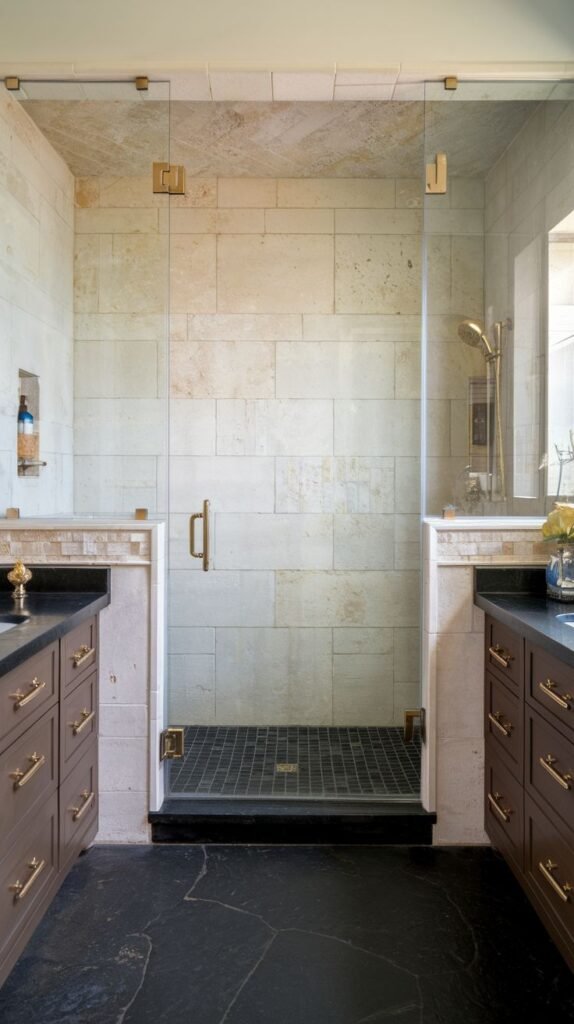 A walk-through shower enclosed by glass doors, with light-colored stone block walls and a dark mosaic tiled floor, flanked by dark wood vanities with black countertops.