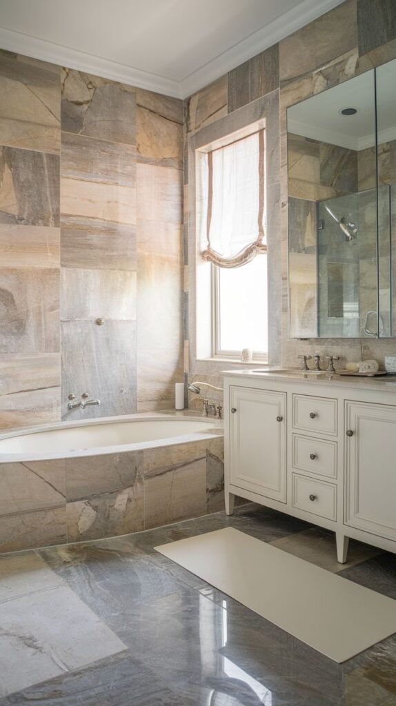 A bathroom featuring textured light brown and grey wall tiles, a built-in bathtub, a white vanity with drawers, and a polished patterned floor, with a window on the right.