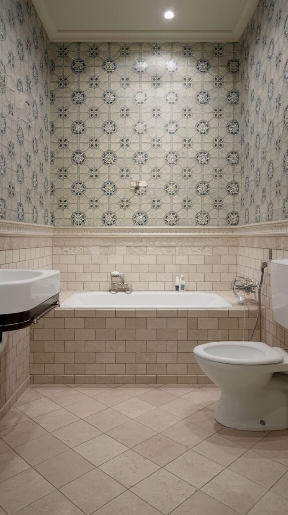 A bathroom with beige subway tiles on the lower walls and tub surround, a dark grey tiled floor, and a striking blue and white patterned tile on the upper walls, with a toilet and sink visible.