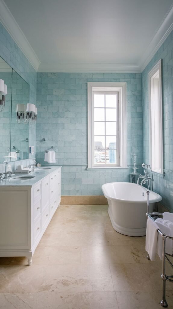 A spacious bathroom with light blue subway tiles on the walls, a white double vanity, a white freestanding bathtub, and a light brown tiled floor, with two windows providing natural light.
