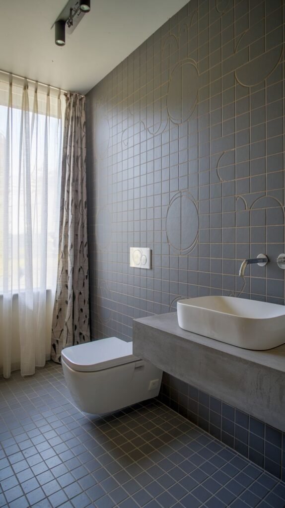 A modern bathroom with dark grey square tiles on the walls and floor, featuring subtle circle patterns on the wall, a floating toilet, and a floating sink, with a large window on the left.