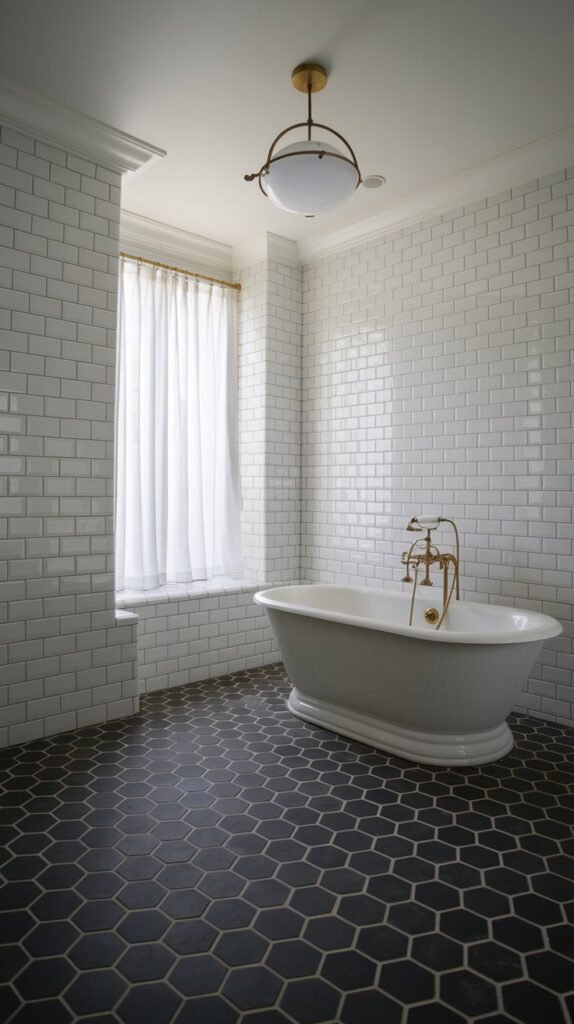 A bathroom with white subway-tiled walls, a white freestanding clawfoot tub with brass fixtures, and a black hexagonal tiled floor.