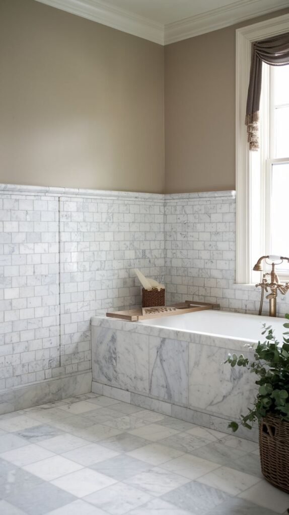 A bathroom with white subway tiles on the lower walls and a greyish-blue patterned floor, featuring a white built-in bathtub with marble paneling.