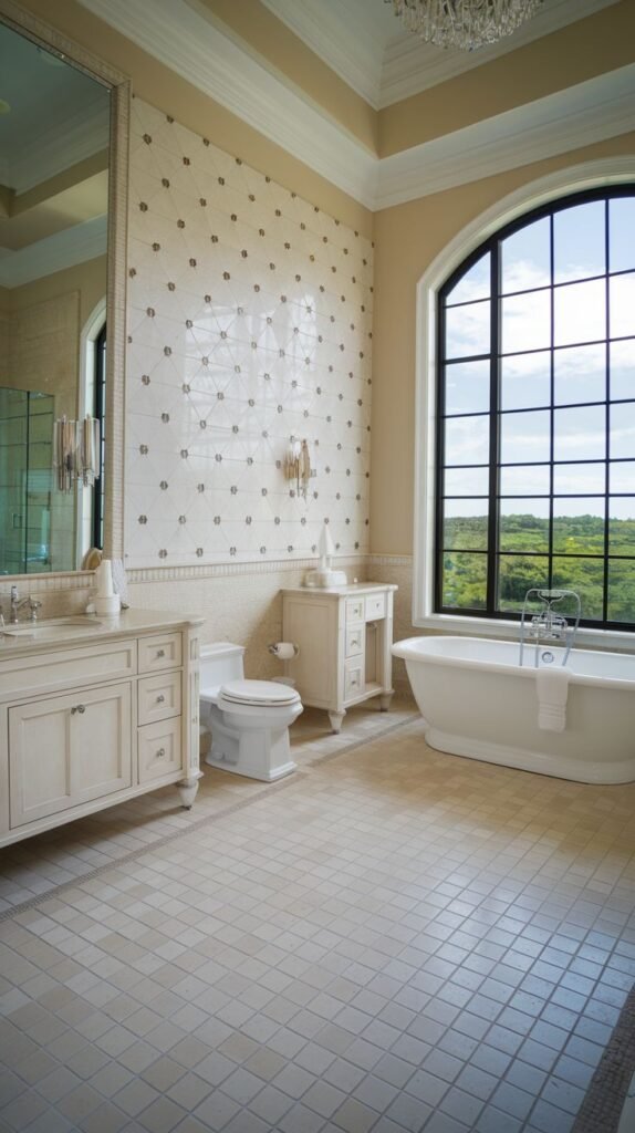 A large, bright bathroom with an arched window, light-colored tiled walls with decorative accents, two light wood vanities, a toilet, and a white freestanding bathtub.