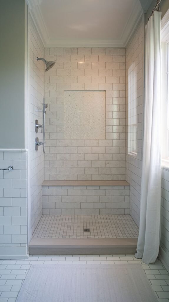 A white subway-tiled walk-in shower with a wooden bench, a built-in niche, and a grey mosaic tiled floor.