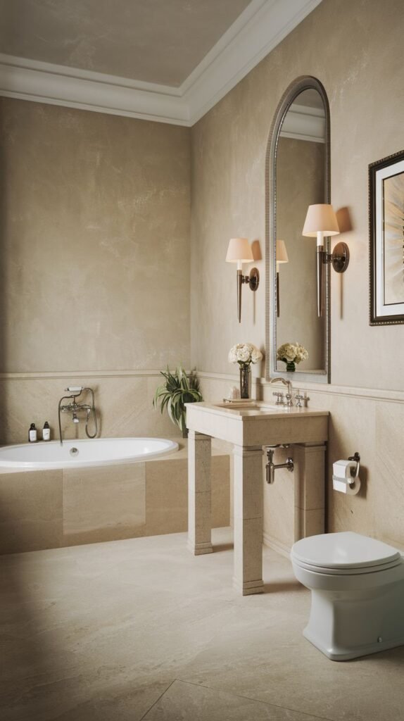 A warm-toned bathroom with light brown wall tiles and a matching floor, featuring a white freestanding bathtub, a stone console sink, and a large arched mirror.