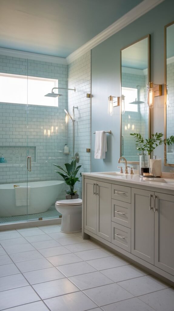 A spacious and lavish guest bathroom featuring a contemporary freestanding tub, a glass-enclosed shower, a double vanity with grey cabinets, and a glam light blue wall color.