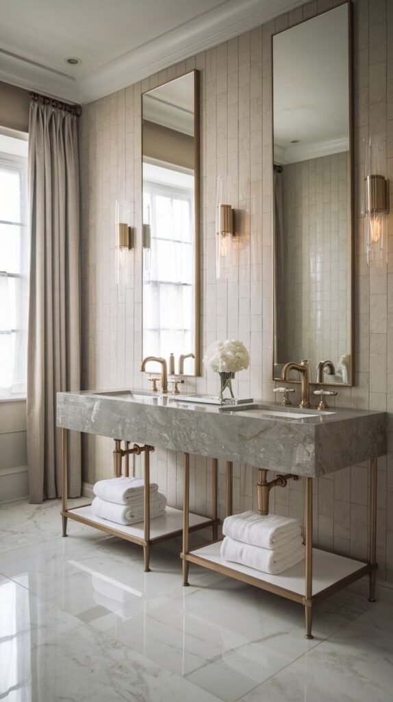 A glam and lavish guest bathroom featuring a stunning double vanity with a marble top, tall mirrors, gold fixtures, and sleek wall sconces, all set on a reflective marble floor.