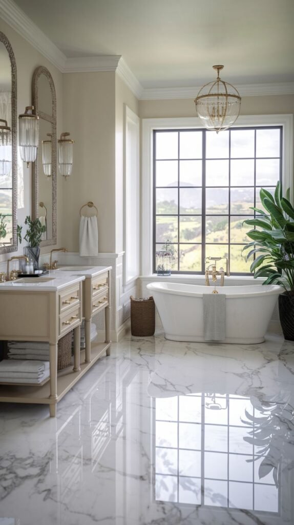 A bright and lavish guest bathroom with a double vanity, a freestanding tub overlooking a scenic view through a large window, a striking chandelier, and a gleaming marble floor, exuding glam elegance.