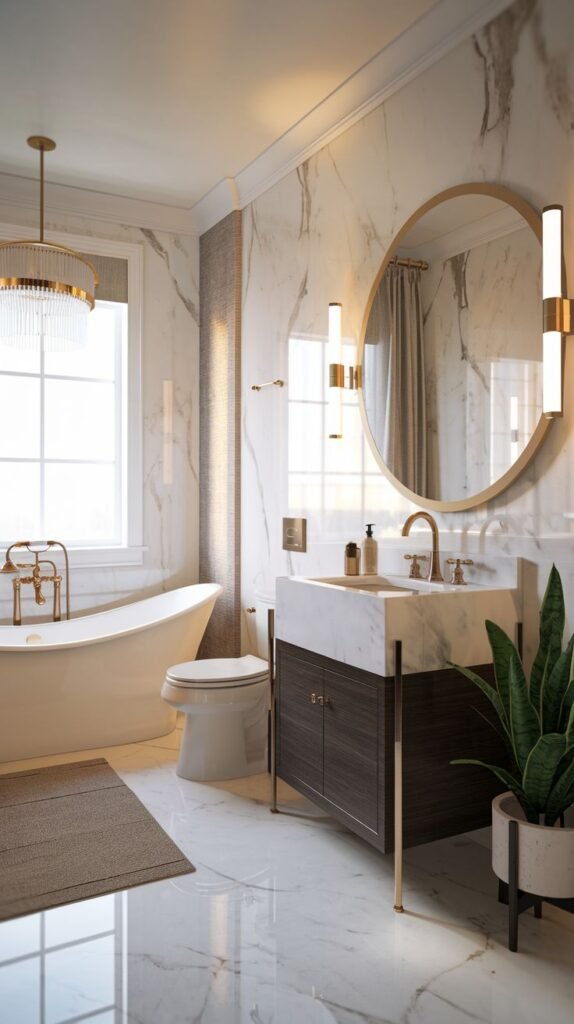A glam and lavish guest bathroom showcasing a freestanding tub, a floating vanity with a marble top, a round mirror with vertical lighting, gold fixtures, a chandelier, and luxurious marble walls and flooring.
