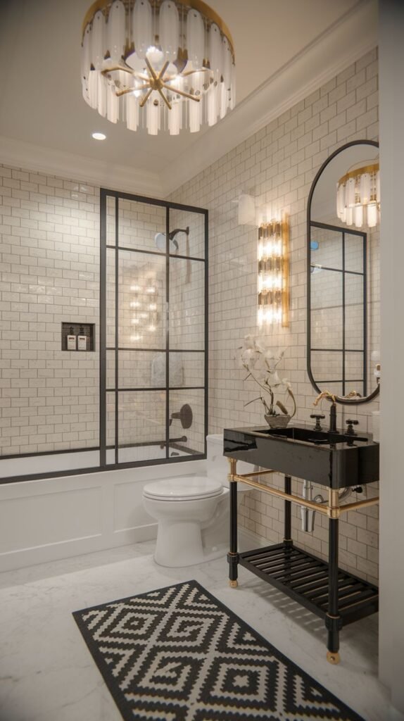 A glam and modern lavish guest bathroom featuring a bathtub with a black-framed glass shower screen, a black pedestal sink, white subway tiles, a bold black and white patterned rug, and a chic chandelier.