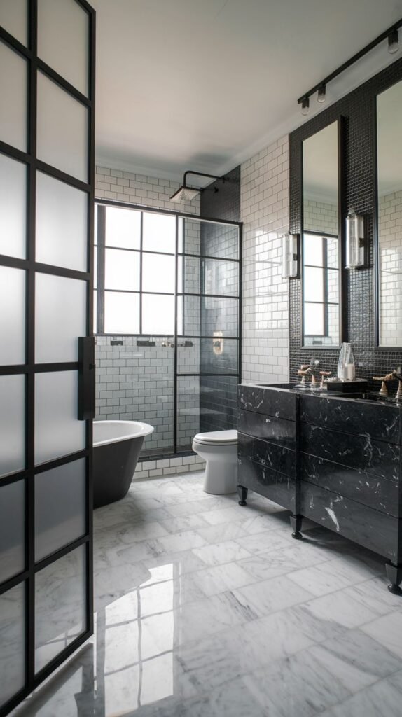 A glam and sophisticated lavish guest bathroom with a freestanding tub, a striking black grid-framed glass shower enclosure, a black marble double vanity, white subway tiles, and a polished marble floor.