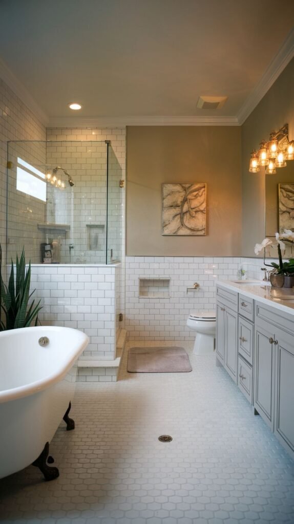 A bright and lavish guest bathroom featuring a freestanding tub, a glass-enclosed shower, a double vanity, and white subway tiles on the walls, complemented by hex floor tiles and soft lighting, creating a comfortable glam space.