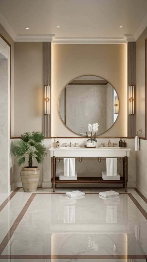 An exquisitely designed and lavish guest bathroom with a classic pedestal double vanity, an oval mirror framed by vertical lights, elegant wall sconces, and a polished marble floor with a decorative border, exuding glam sophistication.