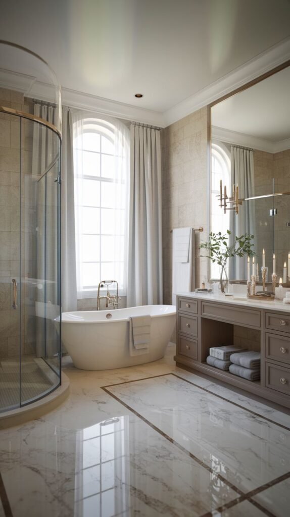 A truly lavish guest bathroom featuring a freestanding tub under arched windows, a curved glass shower, a large double vanity, an oversized mirror, and a chandelier, all set on a glam marble floor with decorative inlays.