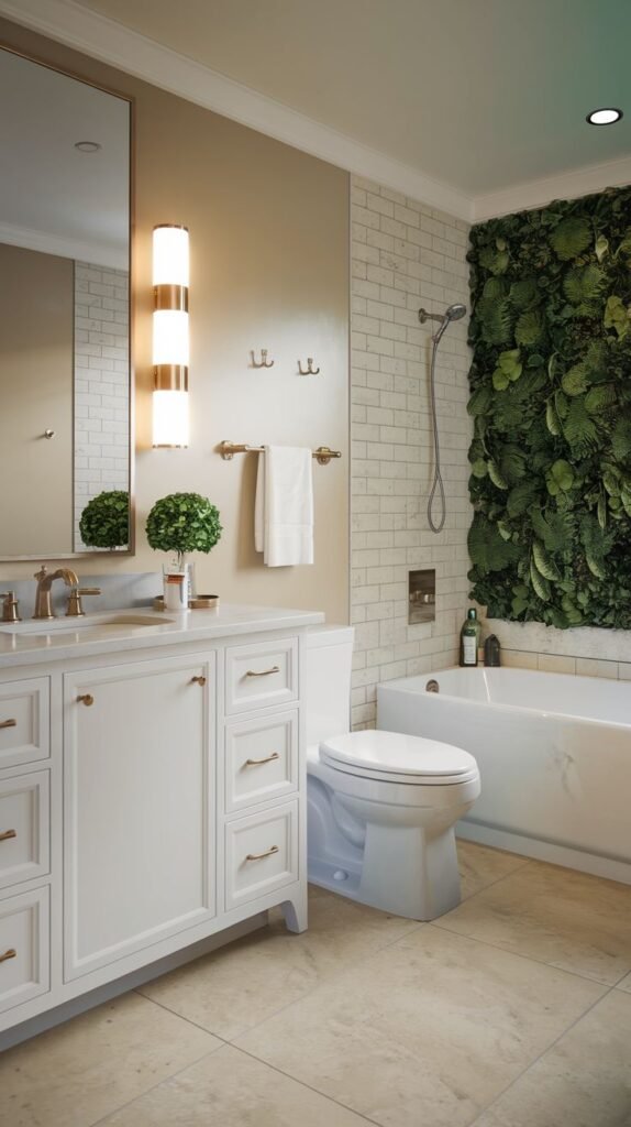 A unique and lavish guest bathroom featuring a lush green living wall above the bathtub, a white vanity with gold accents, and elegant wall sconces, bringing a natural yet glam touch to the space.